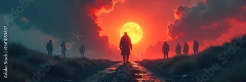 A lone figure stands at a crossroads, shadowy figures looming in the background, symbolizing the struggle to overcome fear and make a difficult choice , uncertainty, hope, courage