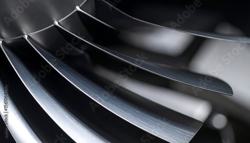 Close up of a metallic jet engine turbine showcasing its intricate blades and high precision engineering design