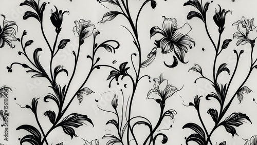 Black and white floral pattern botanical illustration flower design nature art elegant seamless background
