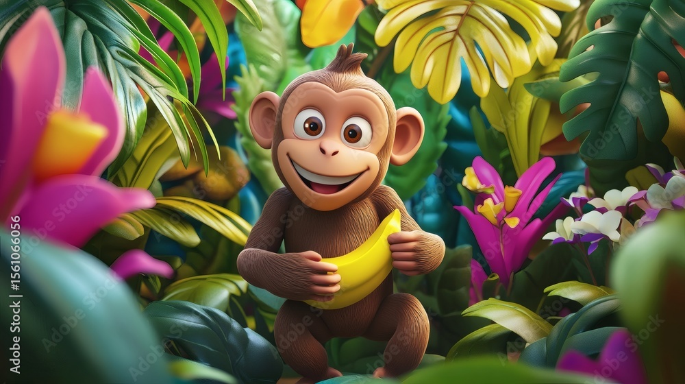 Naklejka premium Smiling Animated Monkey Holding a Banana In a Jungle Setting