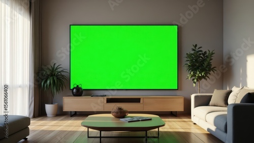 Wide shot of a cozy modern living room with a large green screen TV mounted on the wall. Soft sunlight filters through sheer curtains. Wooden floor, fabric sofa, and coffee table in view. Clean lighti