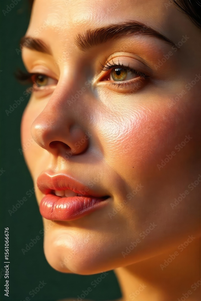 Naklejka premium Close-up of radiant, healthy-looking skin glowing naturally with a subtle, healthy sheen Soft, diffused lighting enhances the natural luminosity and texture , aesthetics, youthful, selfcare