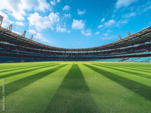 panoramic view of an empty cricket stadium with the pitch - ai