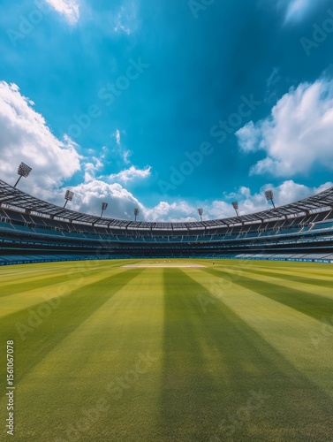 panoramic view of an empty cricket stadium with the pitch - ai