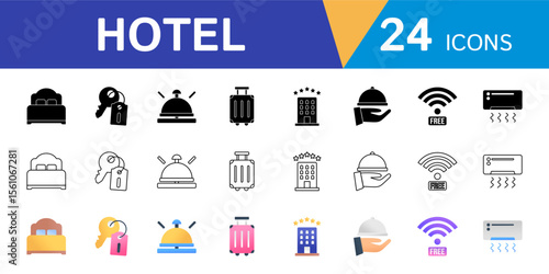 Hotel icon set in silhouette, line and colored style. Symbol designs of bed, key card, bellhop, suitcase and more.