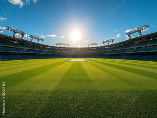 panoramic view of an empty cricket stadium with the pitch - ai