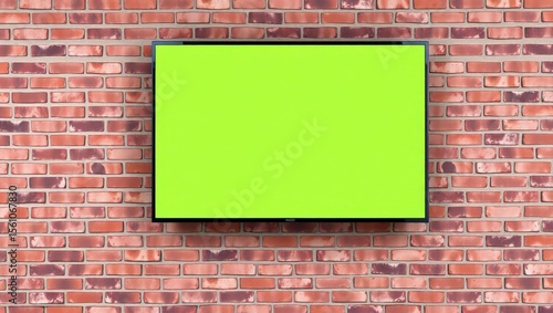 Wallpaper Mural A realistic widescreen flat TV mounted on a red-brown brick wall. The television screen displays a clean, vivid green screen (chroma key) ready for compositing. The bricks are arranged in a horizontal Torontodigital.ca
