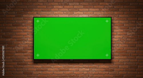 Wallpaper Mural A realistic widescreen flat TV mounted on a red-brown brick wall. The television screen displays a clean, vivid green screen (chroma key) ready for compositing. The bricks are arranged in a horizontal Torontodigital.ca