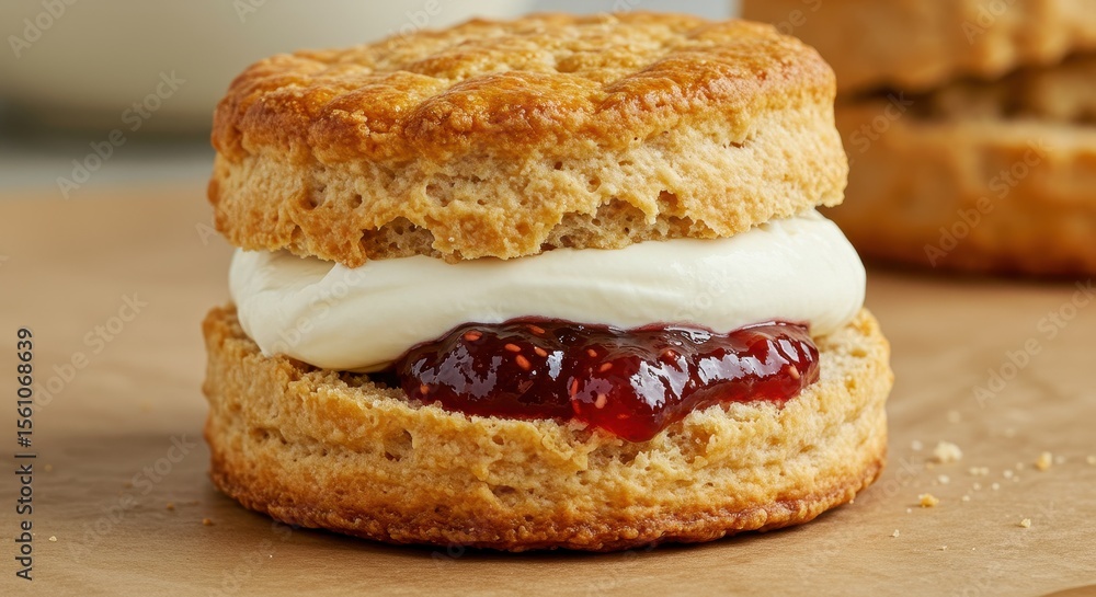 Delicious Scone with Cream and Jam, Freshly Made Dessert on Wooden Surface, Perfect for Afternoon Tea or Snack Time Delicious Scone with Cream and Jam, Freshly Made Dessert on Wooden Surface, Perfect for Afternoon Tea or Snack Time