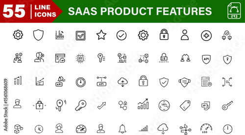 SaaS Product Features Minimal Vector Icons Set – Cloud Sync, API Connection, Real-Time Data, User Roles, Notifications

