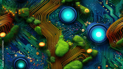 Wallpaper Mural Seamless Macro: Overgrown Bioluminescent Moss on Circuitry Texture
 Torontodigital.ca