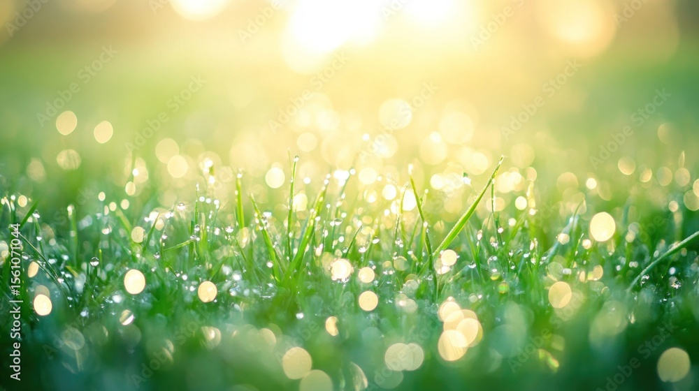 Obraz premium Dewy grass field bathed in sunrise light