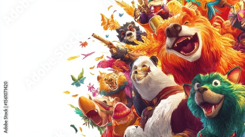 Vibrant Circus Carnival Animals in Colorful Art Style on White Background