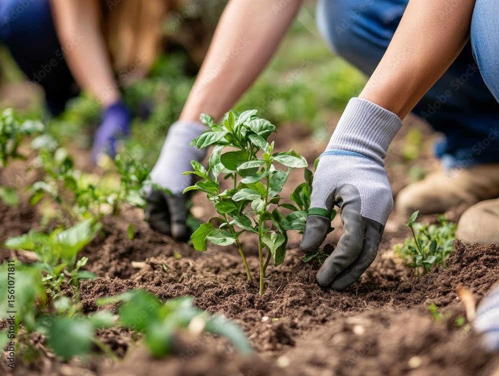 Fototapeta premium People planting trees or working in community garden promoting local food production and habitat restoration, concept of Sustainability and Community Engagement. - ai