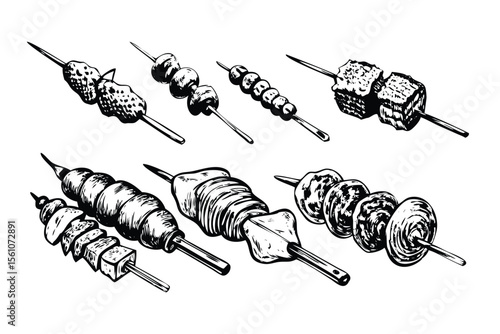 Global Skewered Foods Vector Engraving Set. Detailed Illustrations of Kebab, Yakitori, and Satay. Vintage Culinary Style