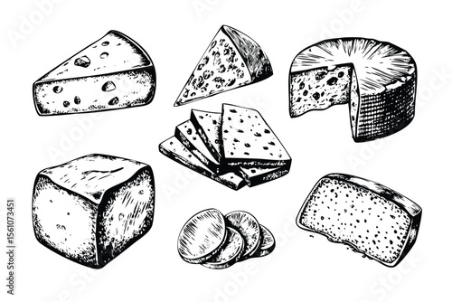 Cheese Types Vector Engraving Set. Detailed Monochrome Illustrations of Dairy Products. Vintage Gourmet Food Style	
