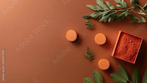A flat lay of sliced carrots, spice, and herbs on a terracotta background