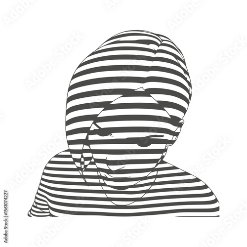 Young woman face represented in stripes. Elegant silhouette of a female head.