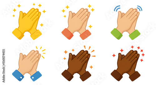 Six diverse hands clapping with sparkling effects isolated on white background
