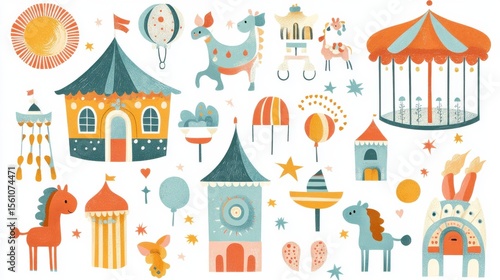 Whimsical Carnival Elements Featuring Fun Houses and Carousels