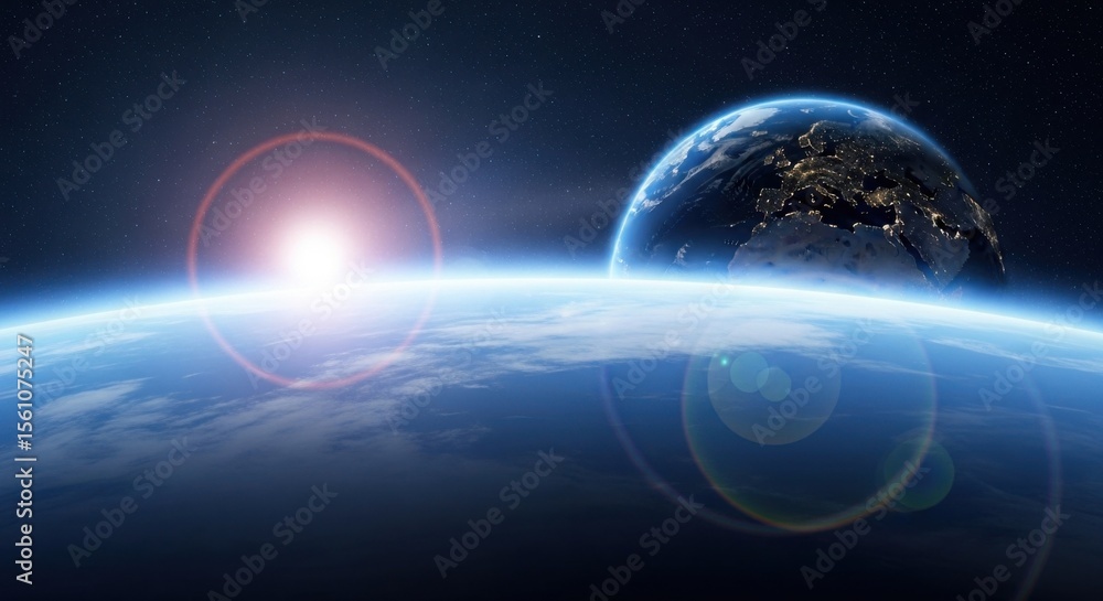 Obraz premium Sunrise Over Earth From Space With Starry Night Sky