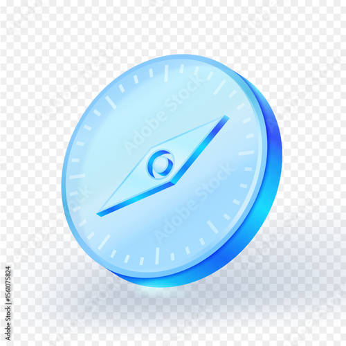 3D blue glass compass icon with modern minimal design, isolated on transparent background. Ideal for navigation, direction, and travel related user interfaces and apps. 3D vector illustration.