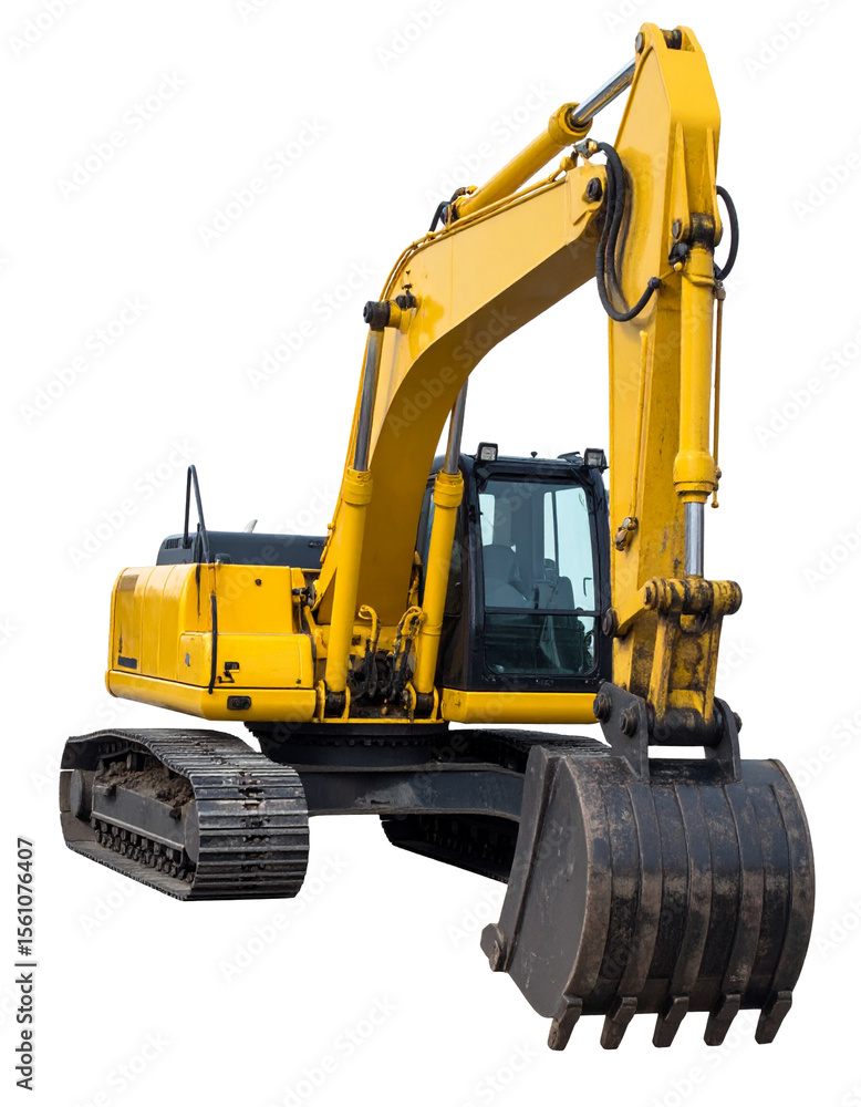 Heavy modern yellow digger excavator Isolated on Transparent or White Background Heavy modern yellow digger excavator Isolated on Transparent or White Background