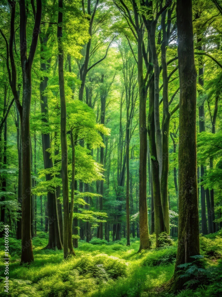 Fototapeta premium Dense foliage and towering trees create a sense of depth in this forest closeup