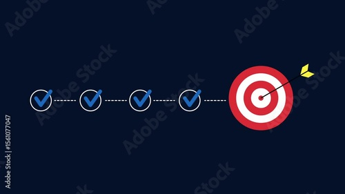 Animated checklist steps with blue check marks pointing to a red target hit by an arrow. Ideal for goal setting, business strategy, planning, and visualizing success.