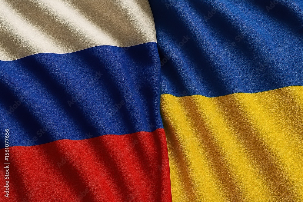 Fototapeta premium The flags of Russia and Ukraine side by side, representing their complex relationship.