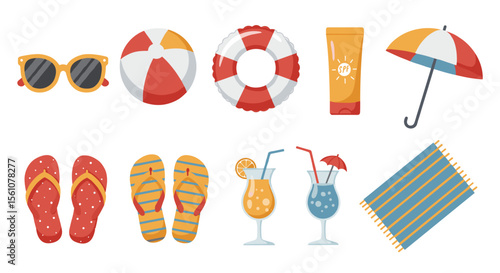 Illustration of beach essentials including sunglasses, ball, and refreshing drinks item