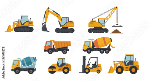 Illustration of various construction vehicles including excavators and cement mixers shown