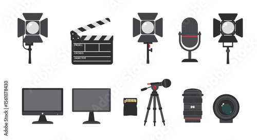 Illustration of film equipment including lights, monitors, microphone and camera lens