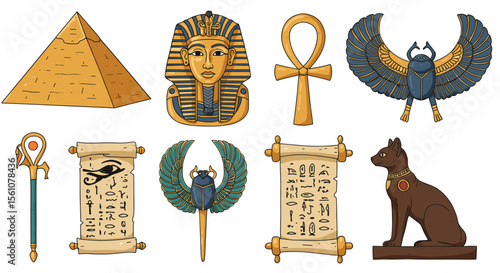 Illustration of egyptian artifacts including a pyramid, mask, ankh, and scarabs scrolls