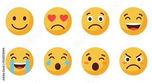 A collection of eight yellow emoji faces displaying a range of different expressions