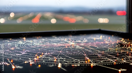 Close-up of air traffic control radar screen with glowing flight paths and aircraft symbols. Aviation safety, airspace monitoring and flight tracking technology concepts.
