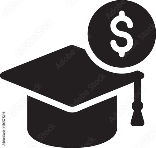Silhouette vector of graduation cap with money symbolizing education assistance, scholarship, and financial aid.