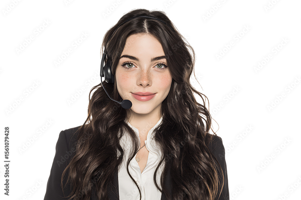 Smiling woman wearing headset, customer service agent.