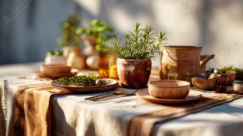 terrace dining setup with linen tablecloth, handmade pottery, and herbs
