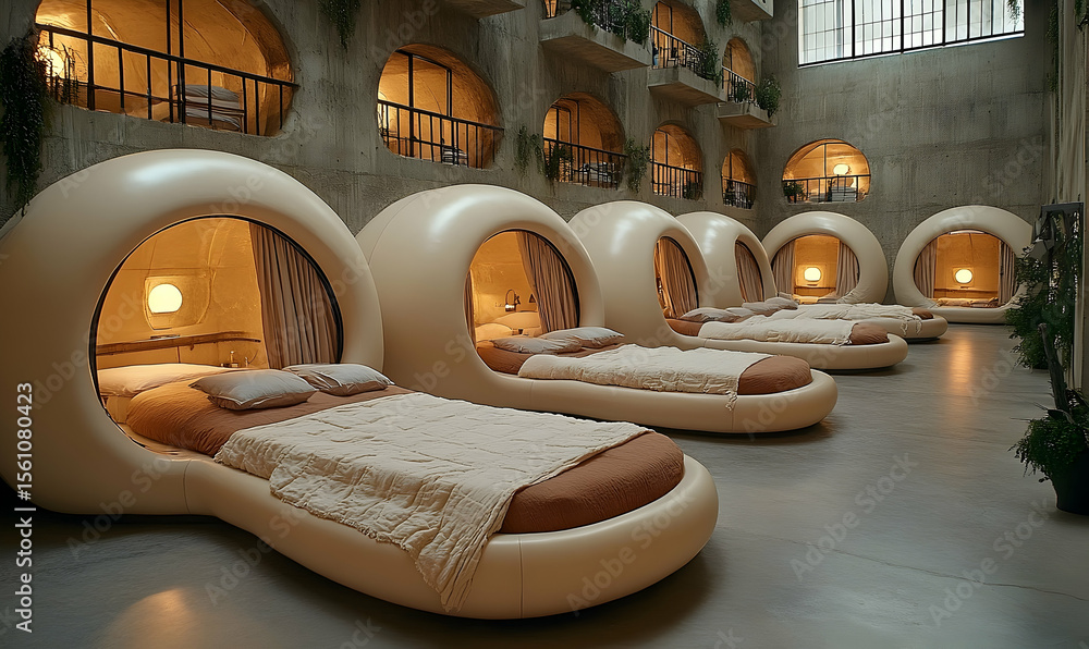 Fototapeta premium Futuristic Pod Hotel Room with Arched Windows and Concrete Walls
