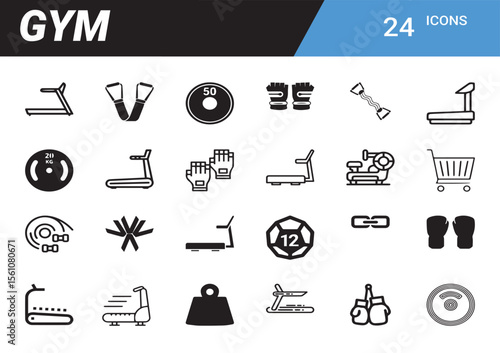 Gym Equipment Icons: A comprehensive set of 24 gym equipment icons, including treadmills, weights, resistance bands, and more, ideal for fitness apps, websites, and marketing materials.