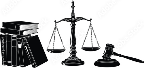 Illustration of law books, scales of justice, and gavel symbolizing legal system and jurisprudence