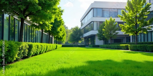 Serene office lawn scene, lush green grass, manicured hedges, modern building backdrop Perfect for corporate, real estate, or environmental themes , commercial, outdoor, work