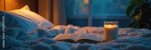 A serene bedroom scene at night, featuring a glass of warm milk next to a book and a soft, plush blanket on a bedside table; promoting relaxation and sleep , herbal tea, nighttime routine, house