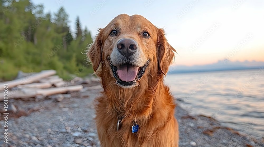 Obraz premium Golden Retriever's Joyful Gaze by Lake at Sunset