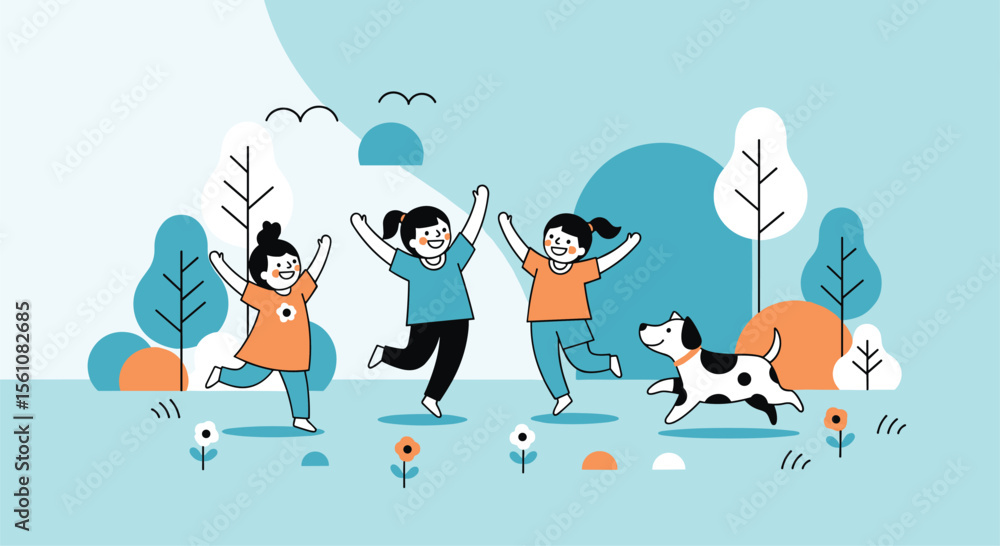 Naklejka premium Joyful Moments Playtime and Exploration A Group of Children Running and Playing with a Dog