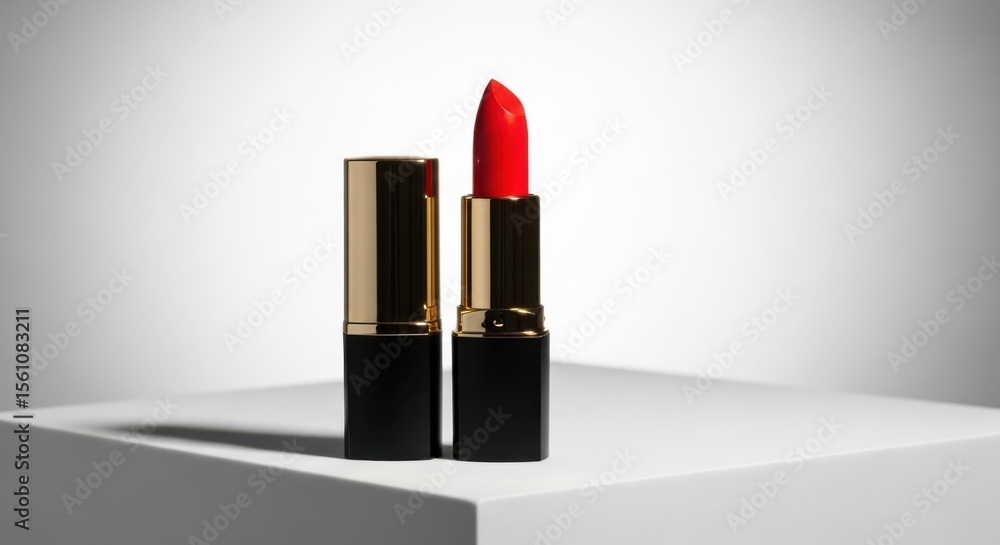 A vibrant scarlet lipstick tube with its golden cap resting beside it on display A vibrant scarlet lipstick tube with its golden cap resting beside it on display