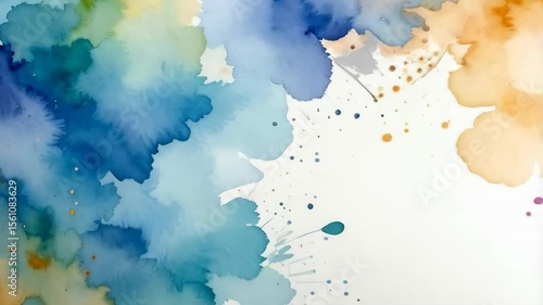 Vibrant watercolor background with blues, greens, pinks, and yellows, creating an abstract wash effect on textured white paper with playful drips.