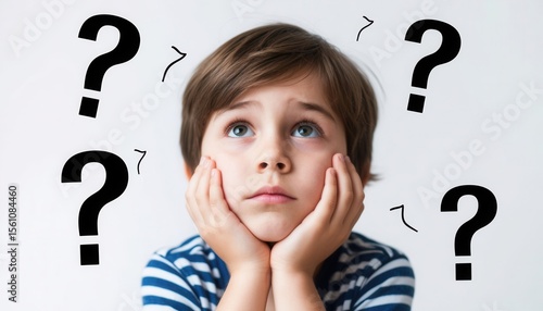Wallpaper Mural Pensive child looking up and thinking with question marks surrounding him Torontodigital.ca