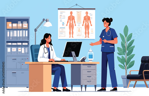 Doctor and Nurse Consulting in Medical Office Vector Illustration